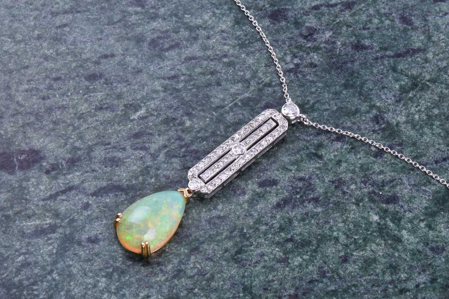 A diamond and opal drop pendant necklace in the Art Deco style, set with a pear-shaped cabochon opal - Image 4 of 4