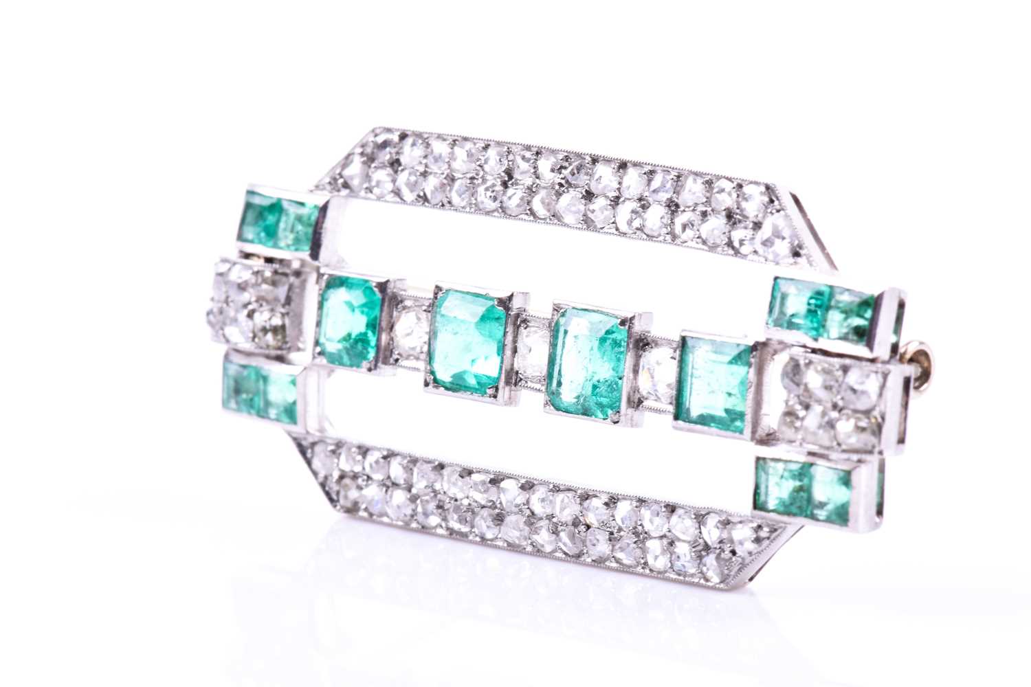 An Art Deco diamond and emerald broochthe rectangular mount inset with twelve emeralds (likely of - Image 3 of 5