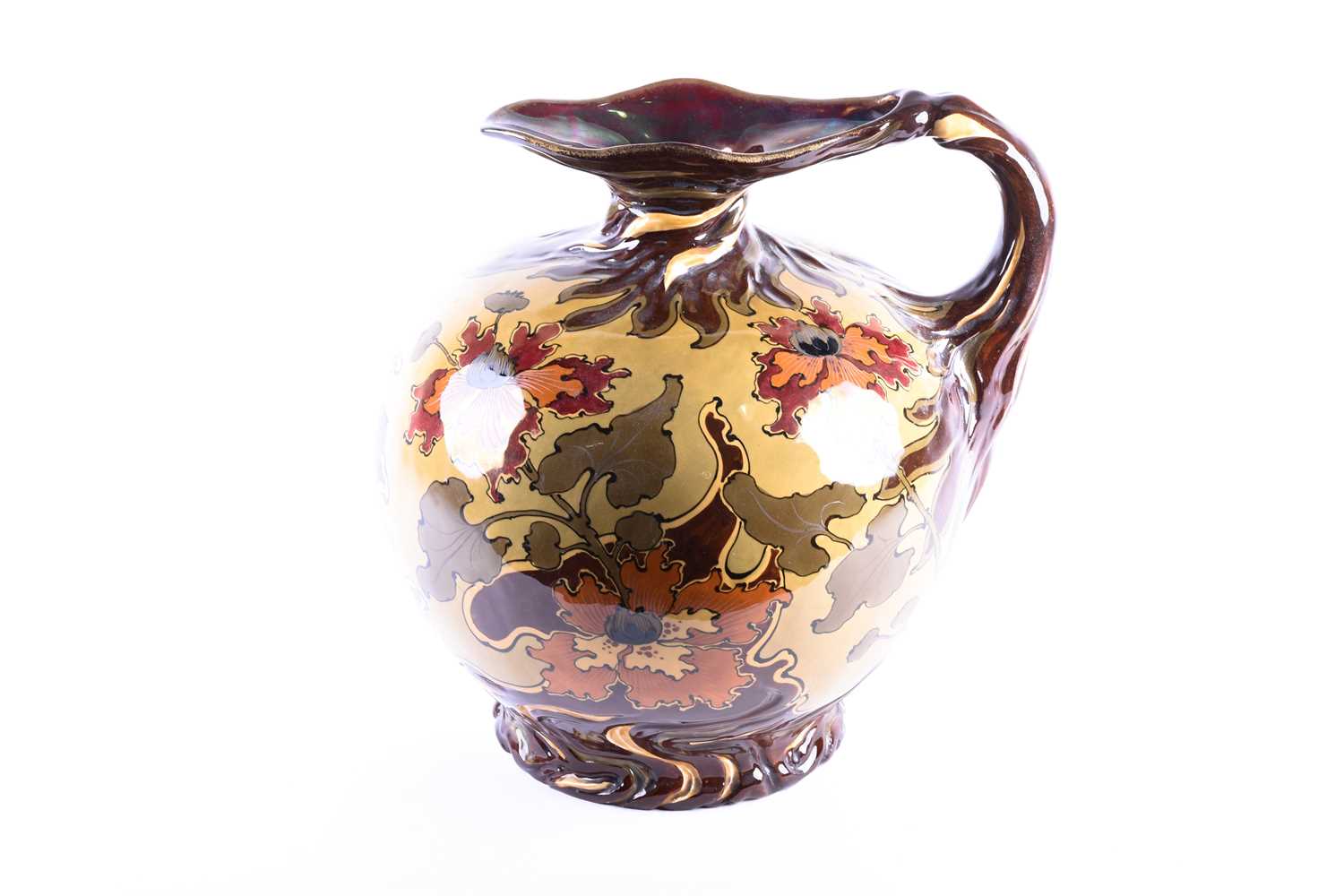 A large Ernst Wahliss art nouveau jug, the shaped rim with lustrous glaze above a globular body