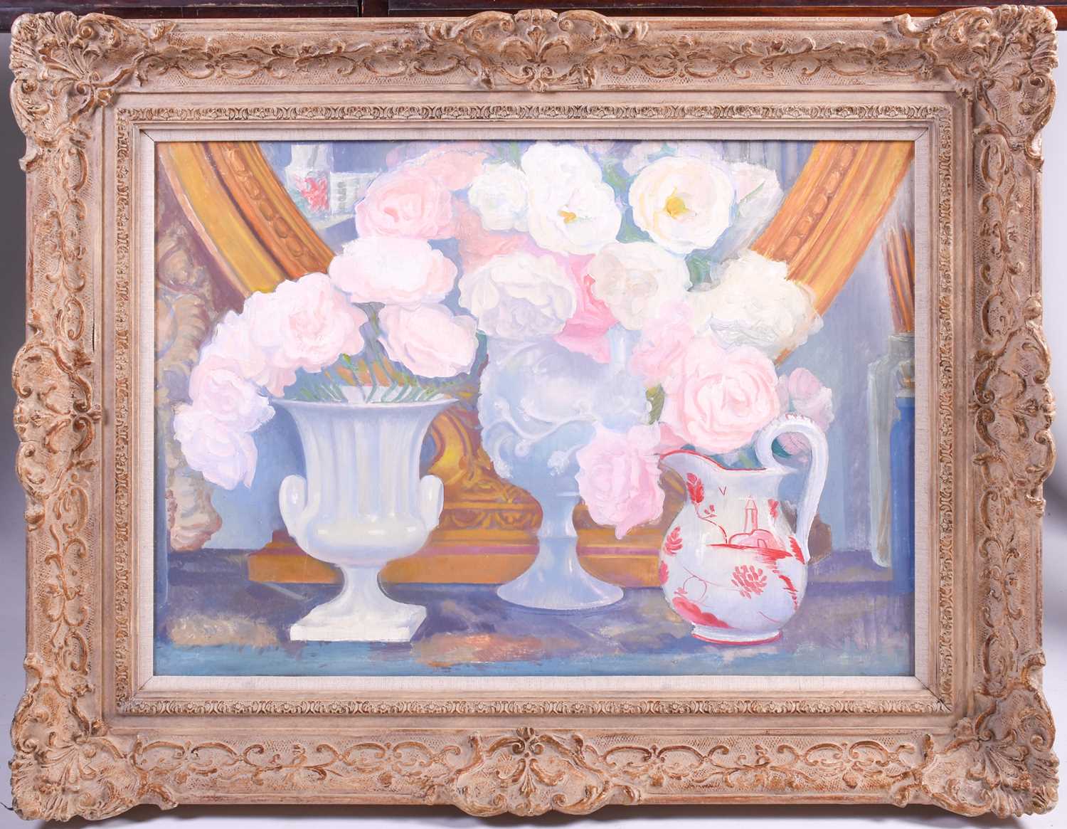 20th century school, a still life study of flowers, oil on board, unsigned, 44.5 x 64 cm in a wooden