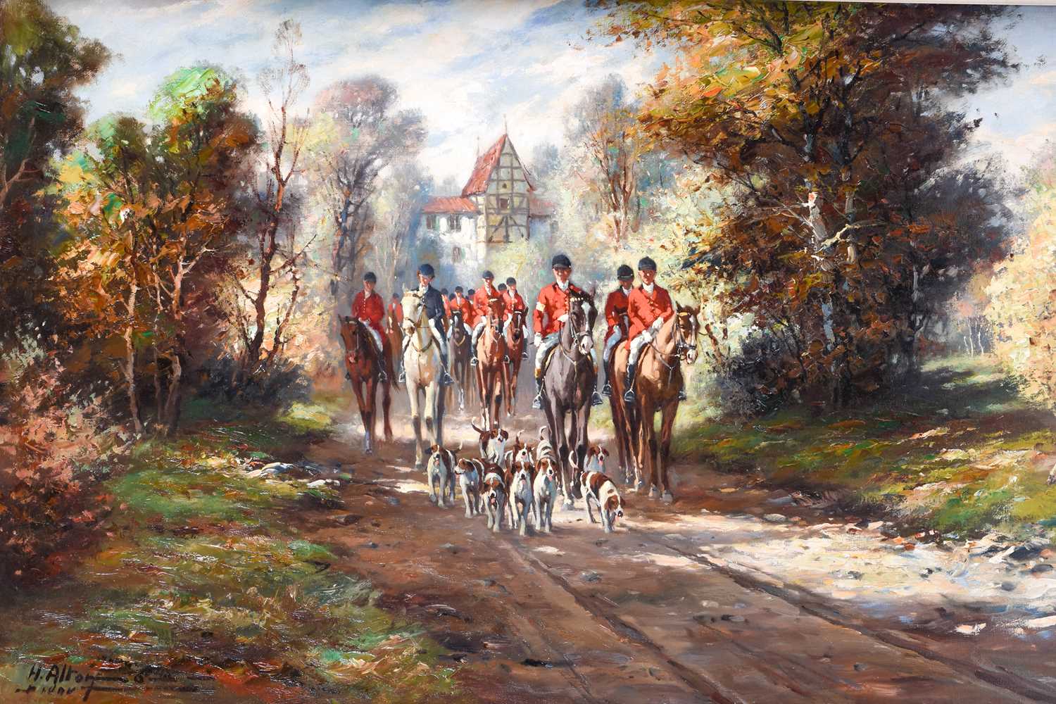 H. Alton? (20th century) fox hunters and hounds in a rural landscape, oil on canvas, 58 cm x 89 cm - Image 5 of 5