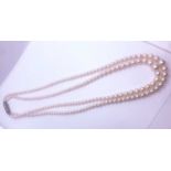 A double strand cultured pearl necklace, the pearls ranging from approximately 3 - 7 mm, fastened