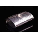 A white metal basket weave evening purse, early 20th century, with ball shape locking clasp, the