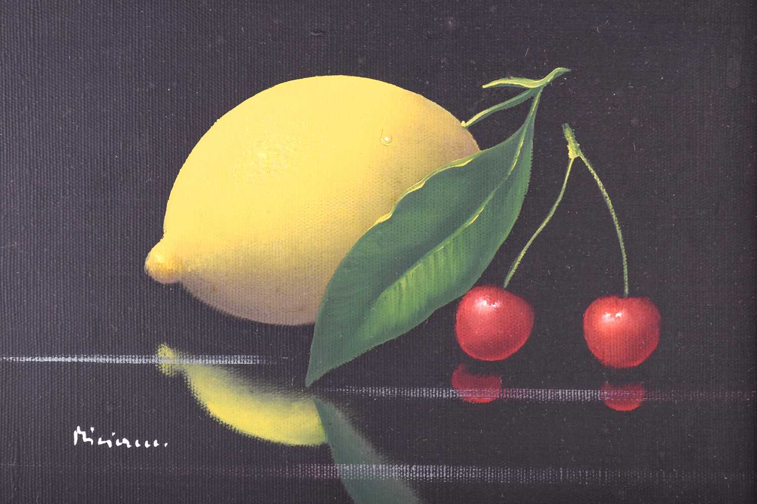 A contemporary still life painting of a lemon and cherries, indistinctly signed oil on canvas, 20 cm - Image 4 of 4