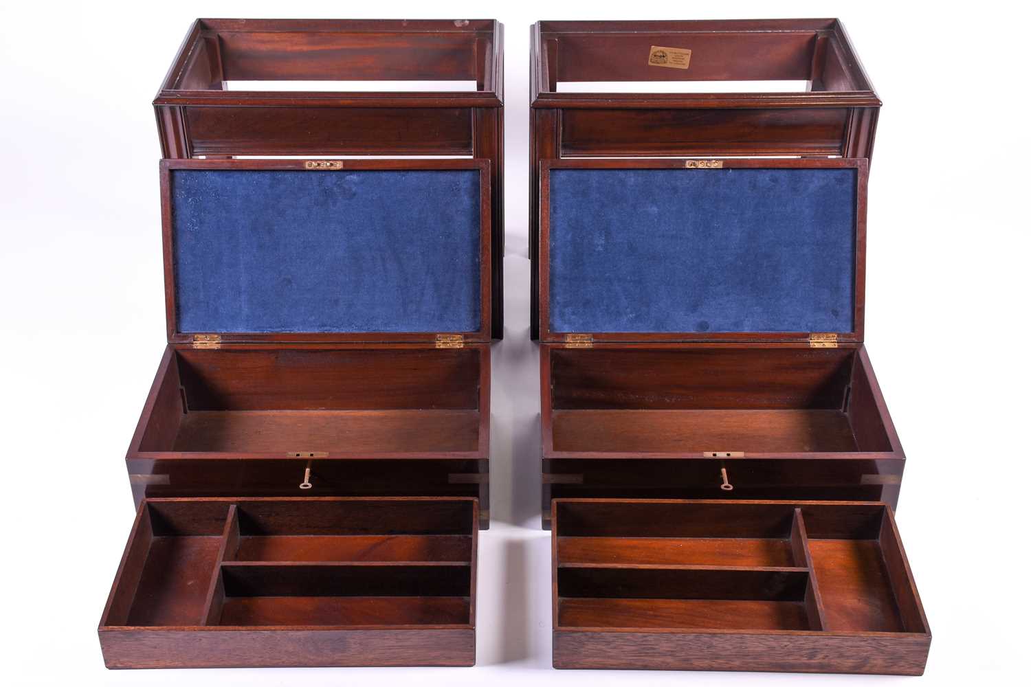 A pair of 20th century campaign style boxes on stands, with brass mounts and lift - Image 8 of 8