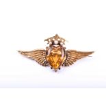 A yellow metal, citrine, and pearl brooch, set with a heart-shaped citrine, surmounted with a