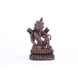 A Sino Tibetan bronze figure of Boddhisatva tara, on double lotus petal throne, traces of red