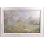 Margaret Ovey (20th century), a large landscape study, a group of children dancing in mountainous