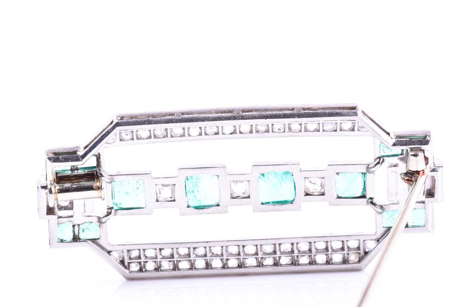 An Art Deco diamond and emerald broochthe rectangular mount inset with twelve emeralds (likely of - Image 2 of 5