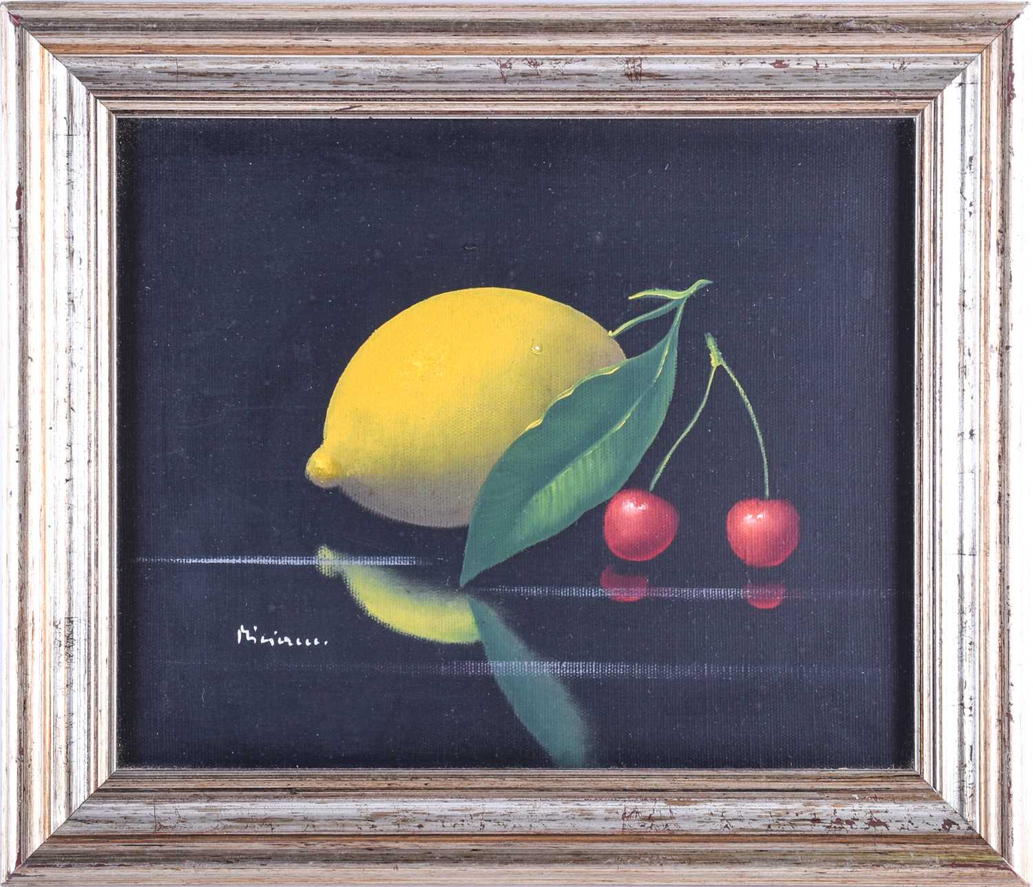 A contemporary still life painting of a lemon and cherries, indistinctly signed oil on canvas, 20 cm