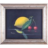 A contemporary still life painting of a lemon and cherries, indistinctly signed oil on canvas, 20 cm