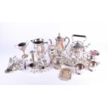 A collection of silver plated items, to include a cocktail shaker, spirit kettle on stand, egg set