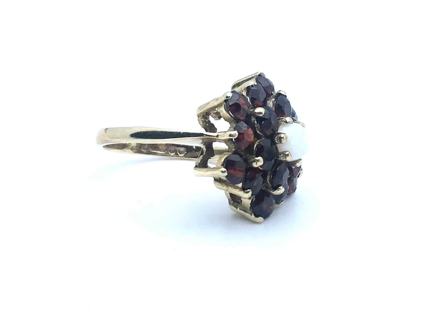 A 9ct yellow gold, garnet, and opal floral cluster ring, size K 1/2, 4.1 grams. - Image 3 of 5