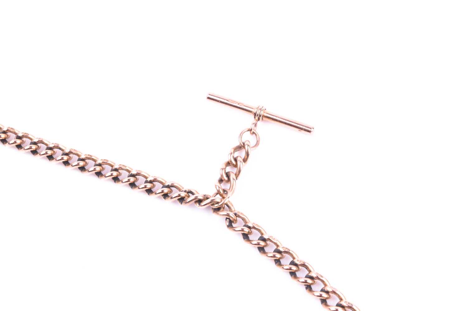 A 9ct rose gold watch chain, the graduated curb pattern double Albert with sprung clasps and T - Image 4 of 5