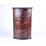 An early 19th century lacquered chinoiserie corner cupboard, with painted and shelved interior, 93