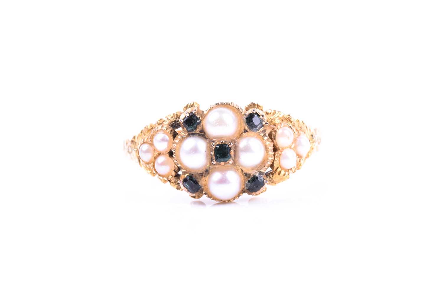 An antique split pearl and green tourmaline cluster ring, the central cluster with threee stone
