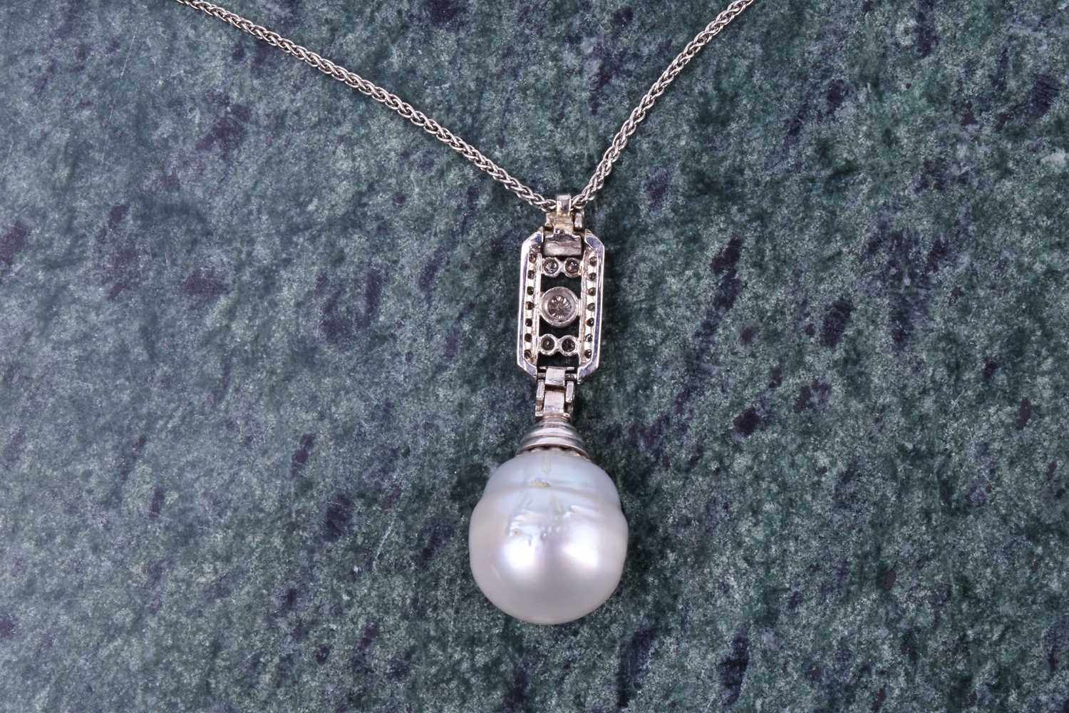 A diamond and pearl pendant, the rectangular plaque mount inset with round-cut diamonds, and - Image 4 of 4