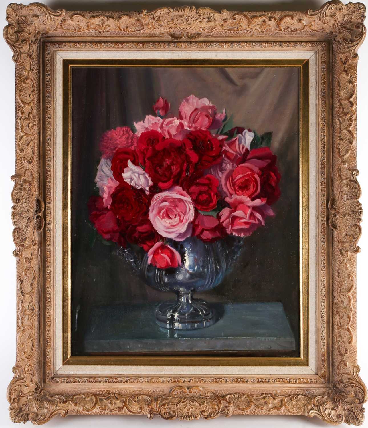 A 20th century still life study, roses in a bowl, oil on board, indistinctly signed, 55 cm x 43 cm