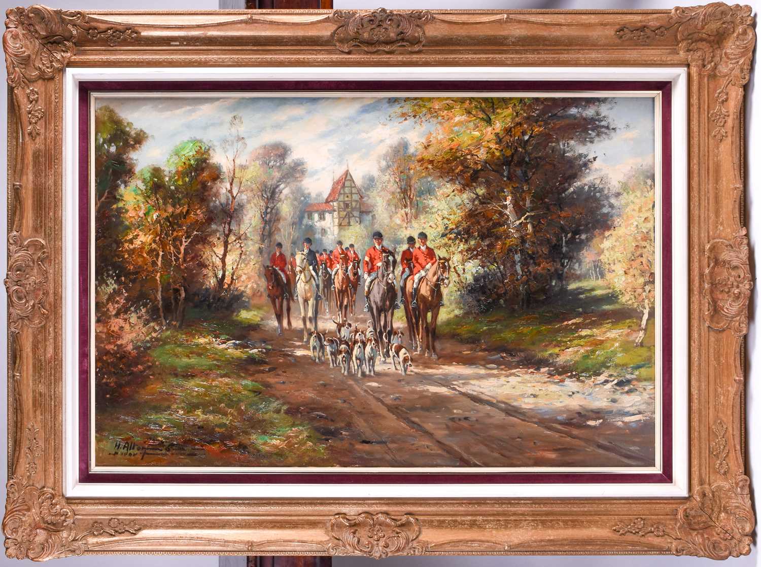 H. Alton? (20th century) fox hunters and hounds in a rural landscape, oil on canvas, 58 cm x 89 cm
