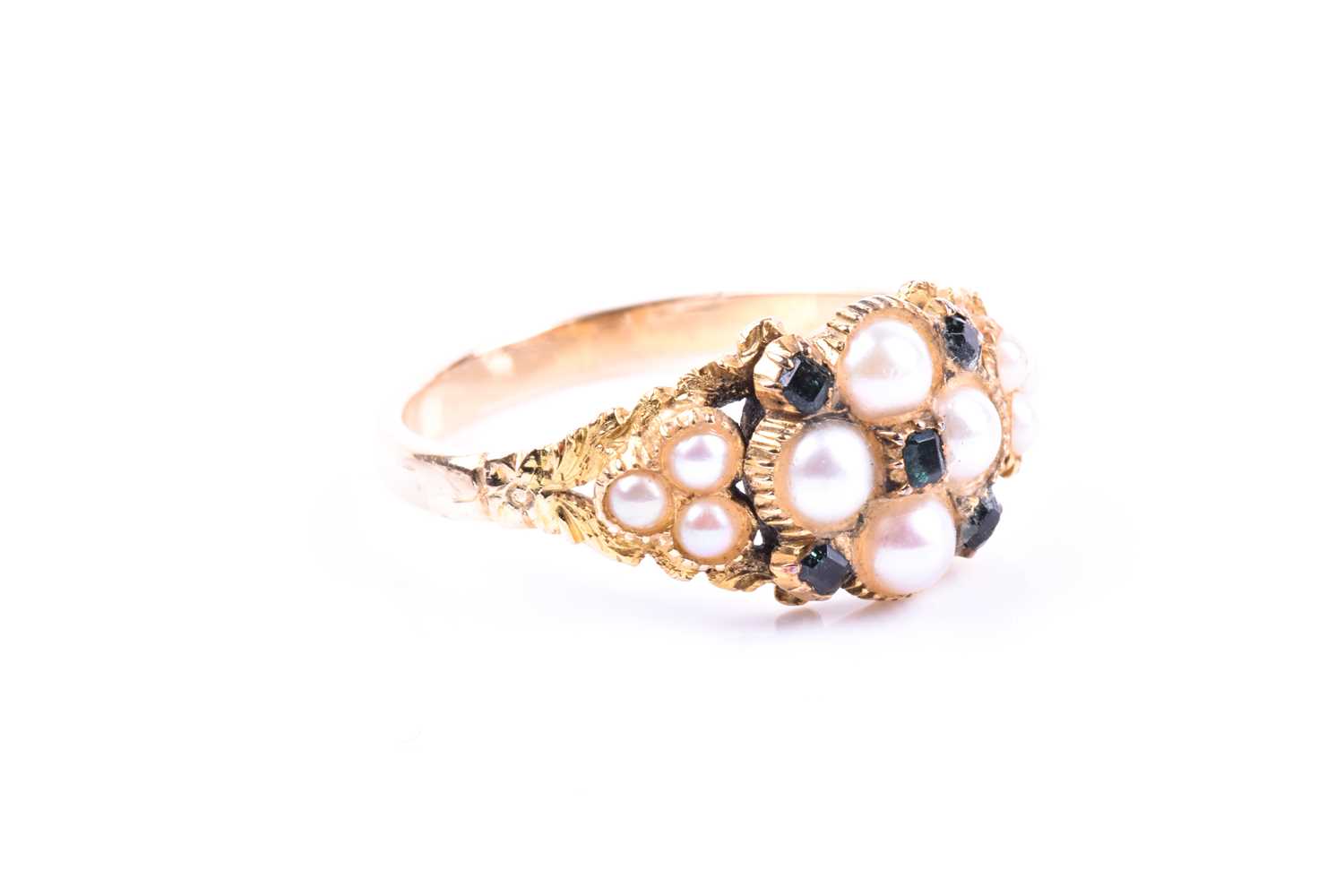 An antique split pearl and green tourmaline cluster ring, the central cluster with threee stone - Image 3 of 4