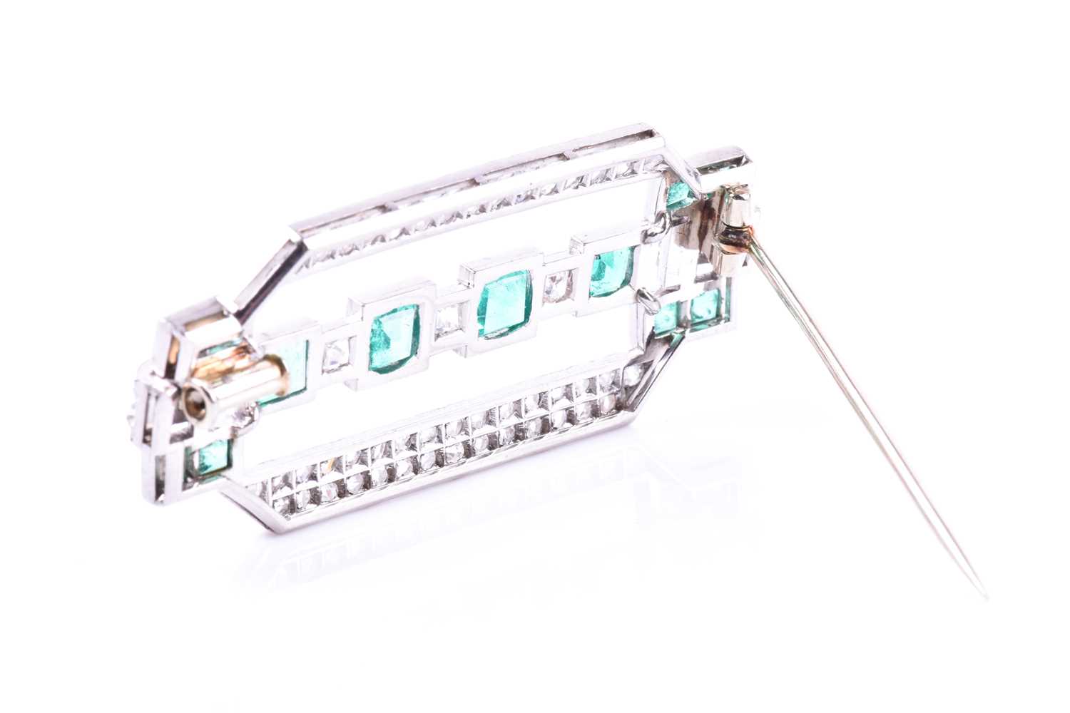 An Art Deco diamond and emerald broochthe rectangular mount inset with twelve emeralds (likely of - Image 5 of 5