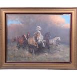 Janos Viski (1891-1987) Hungarian, a group of wild horses, oil on canvas, signed to lower right