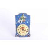 A mid-20th century Soviet Russian Serdobsky tinplate pendulum clock showing Ivan the Fool on a