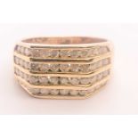 A 9ct yellow gold and diamond ring, set with four channel-set rows of small diamonds,