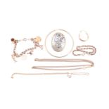 A group of yellow gold and gilt metal jewellery items, to include a 9ct yellow gold charm bracelet
