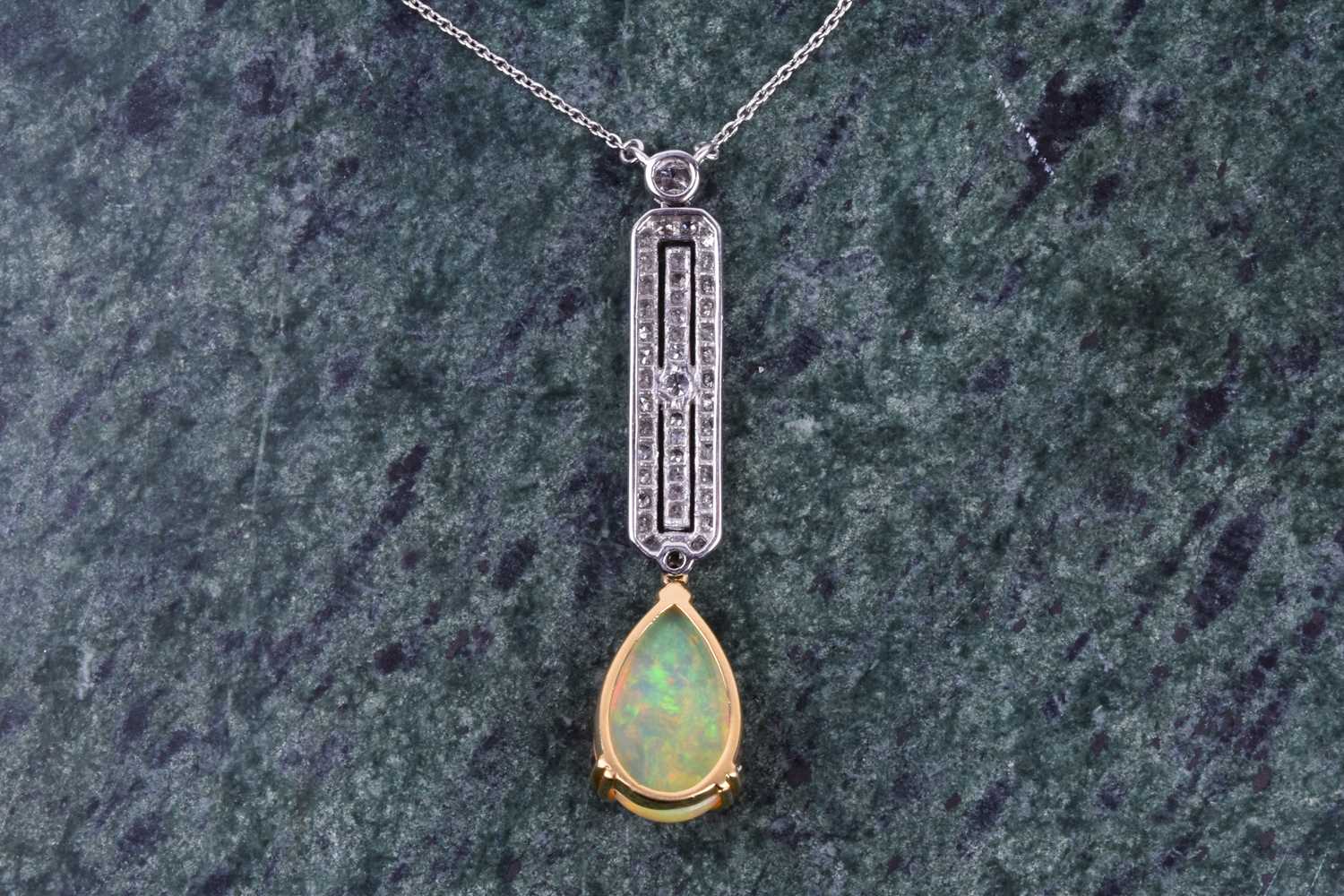 A diamond and opal drop pendant necklace in the Art Deco style, set with a pear-shaped cabochon opal - Image 2 of 4