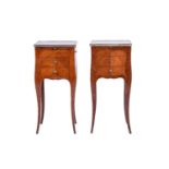 A pair of French kingwood and marble topped bedside tables, early 20th century, with gilt metal