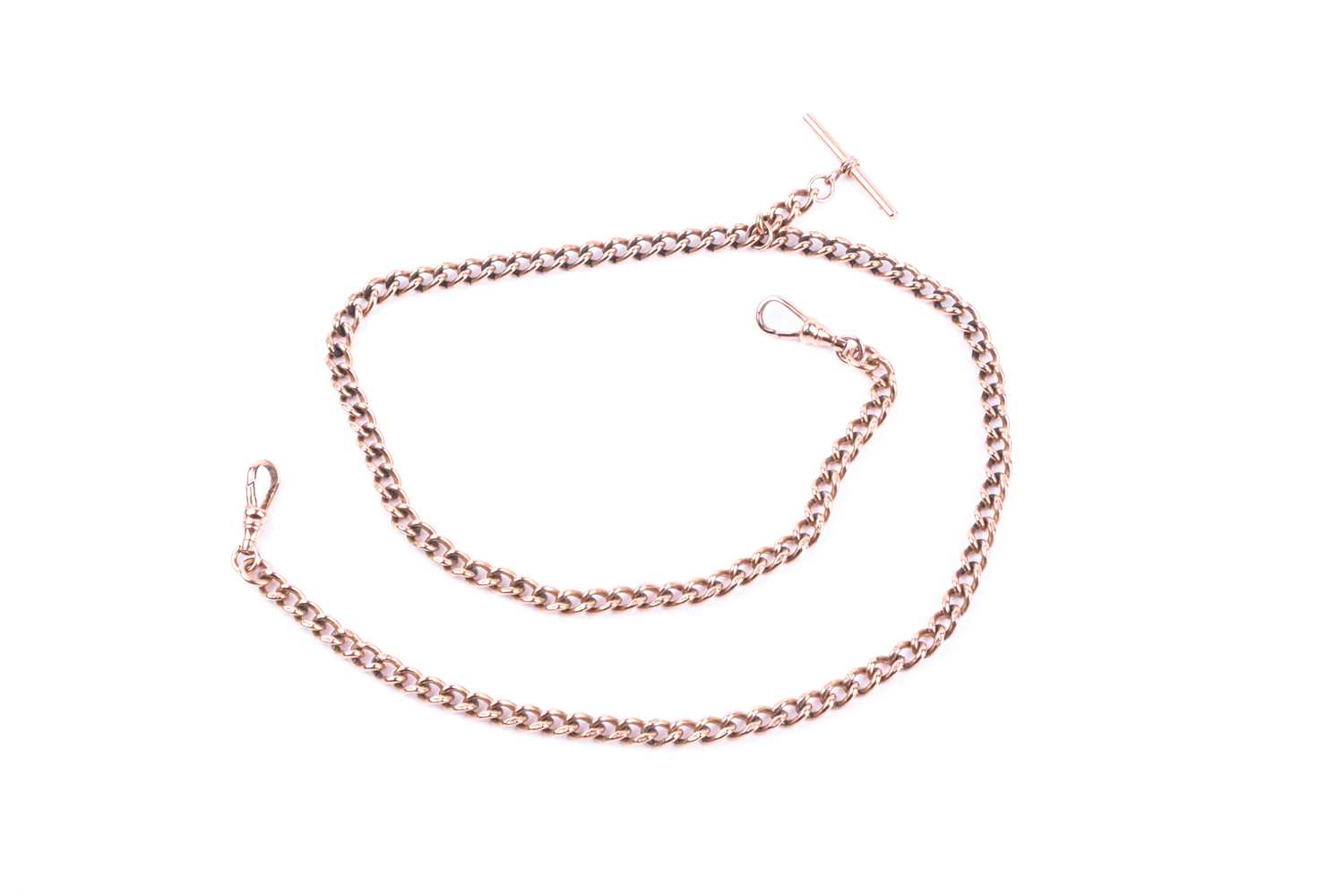 A 9ct rose gold watch chain, the graduated curb pattern double Albert with sprung clasps and T - Image 5 of 5