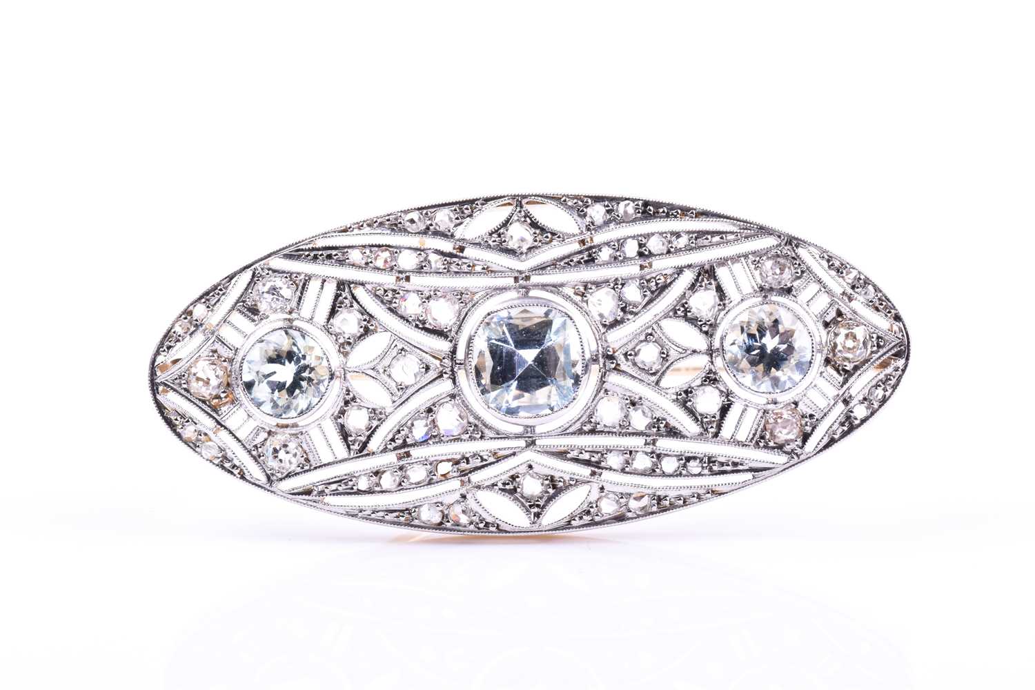 An Art Deco diamond and aquamarine brooch of elongated oval form, the openwork mount set with rose- - Image 2 of 3