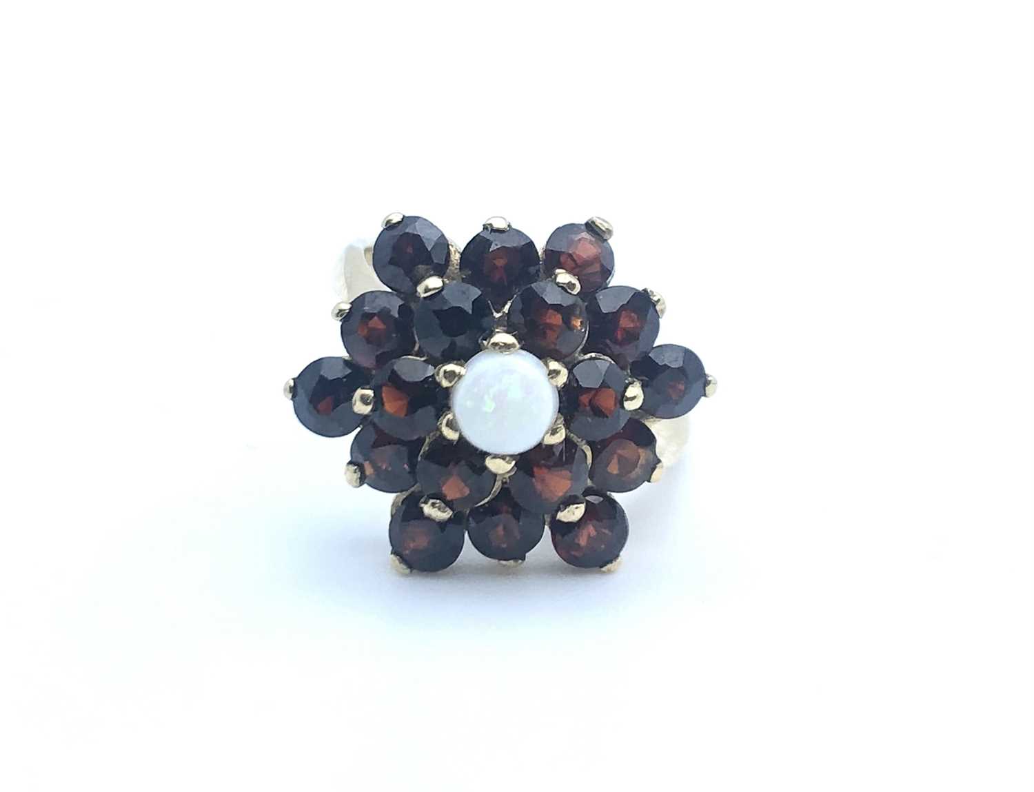 A 9ct yellow gold, garnet, and opal floral cluster ring, size K 1/2, 4.1 grams. - Image 5 of 5