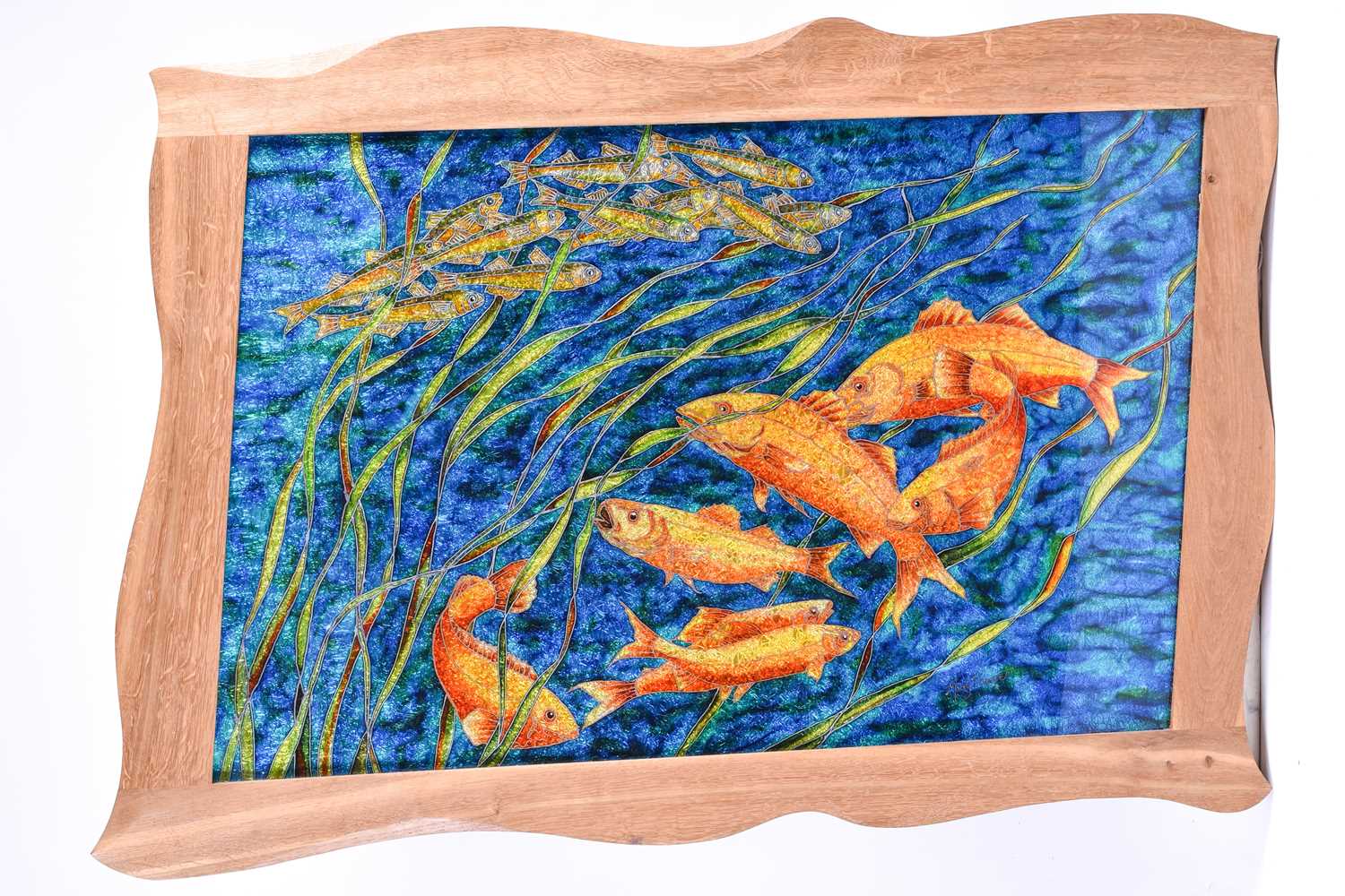 Mary Thorpe (20th century), a mettallic effect study of fish amongst reeds, mixed media, signed to