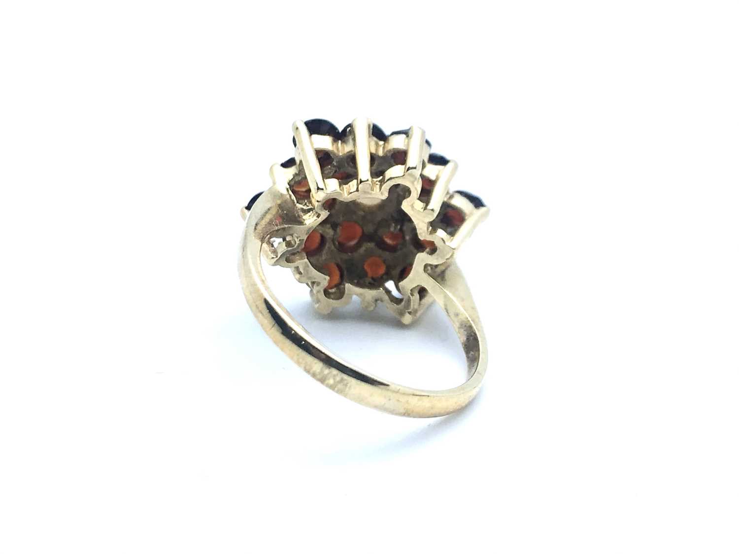 A 9ct yellow gold, garnet, and opal floral cluster ring, size K 1/2, 4.1 grams. - Image 2 of 5