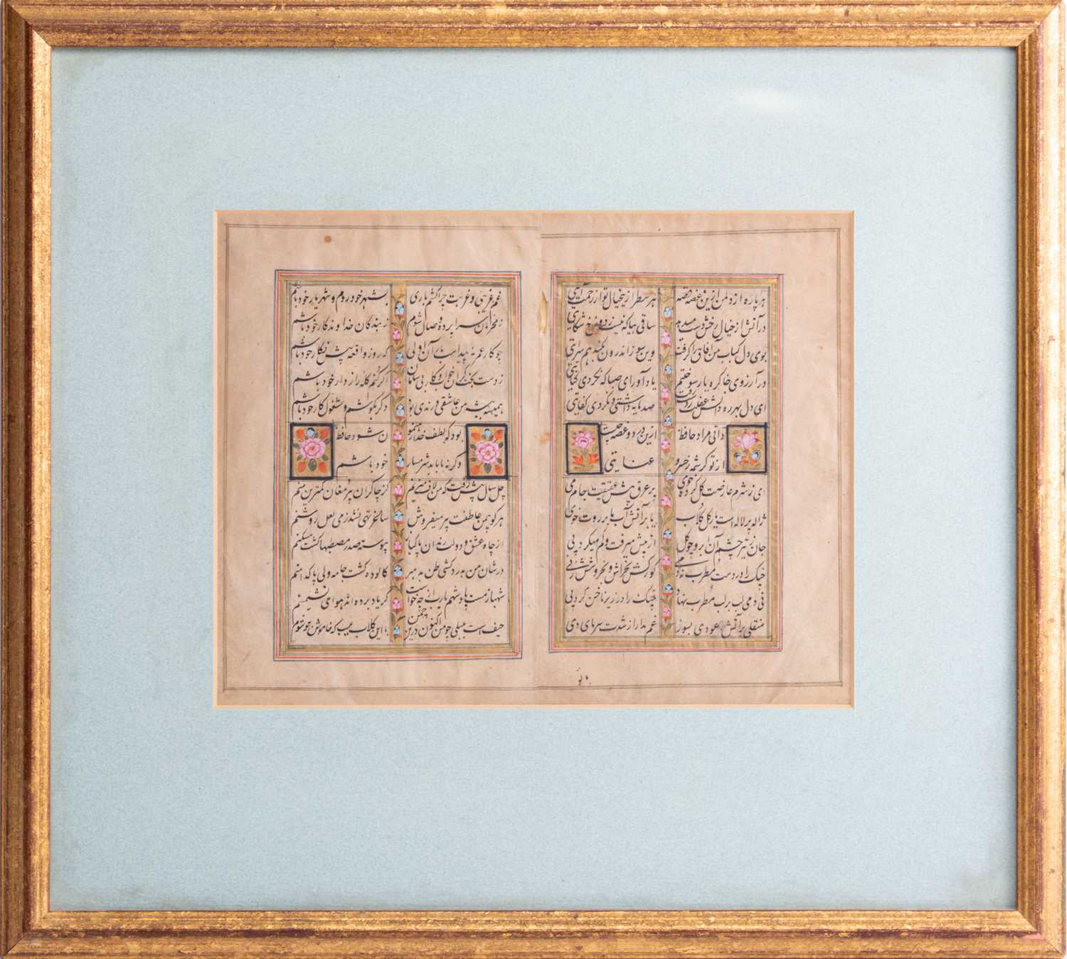 Indian school, 19th century, two pages of illuminated script, with floral painted central strip