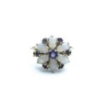 A 9ct yellow gold, opal, and amethyst floral cluster ring, cluster approximately 12mm, size M,