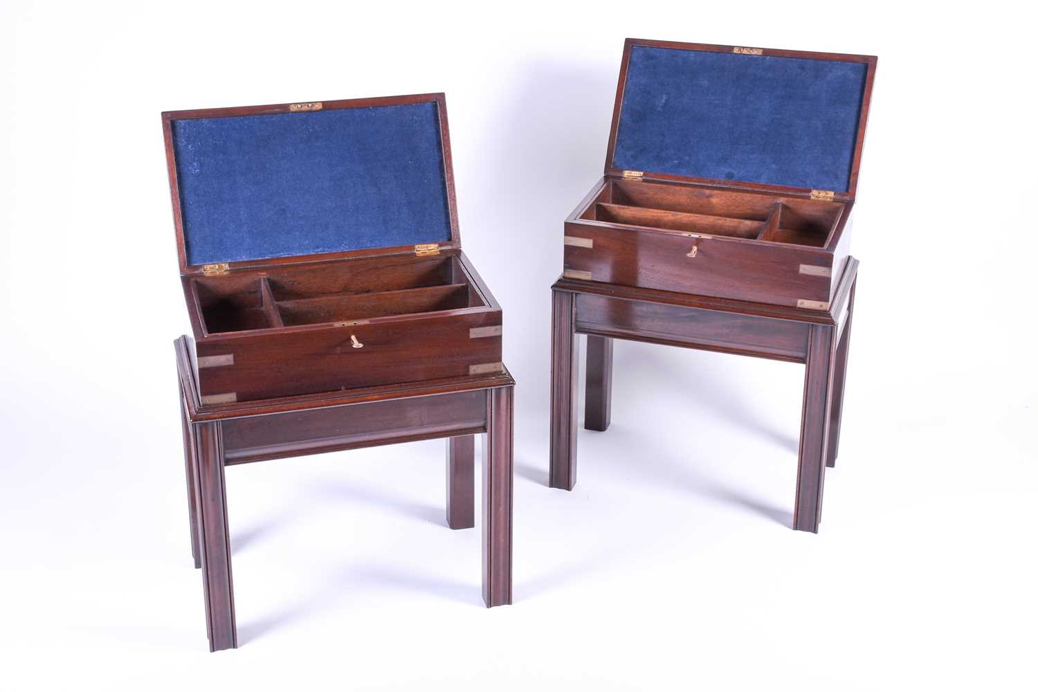 A pair of 20th century campaign style boxes on stands, with brass mounts and lift - Image 6 of 8