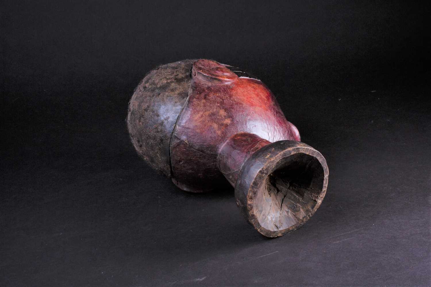 An Ejagham (Ekoi) leather bound carved wood headpiece, the head with applied hair, the maroon - Image 5 of 6