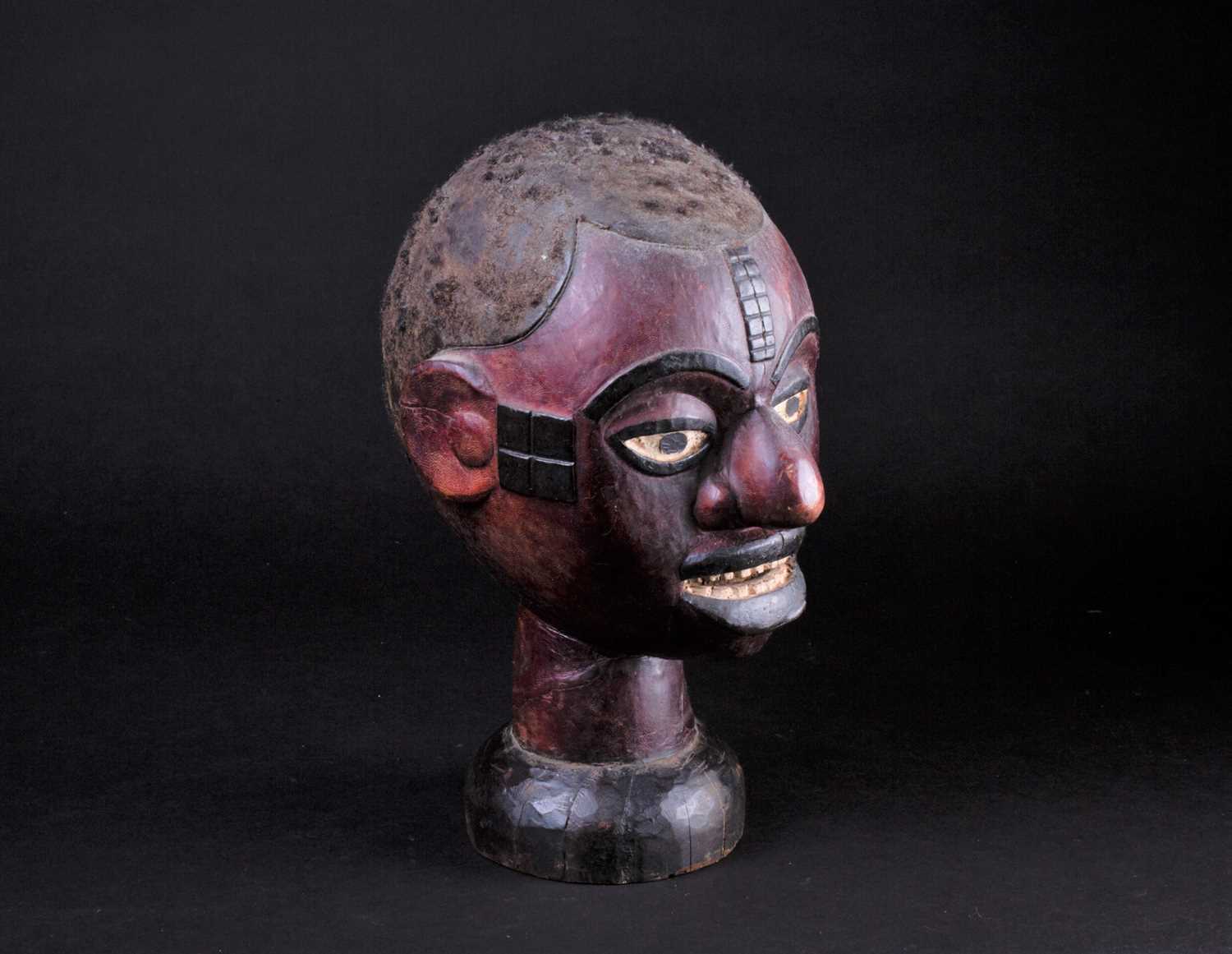 An Ejagham (Ekoi) leather bound carved wood headpiece, the head with applied hair, the maroon - Image 3 of 6