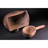 A Maasai hardwood bowl and scoop, Kenya, the bowl with round bottom and wide rectangular mouth, with