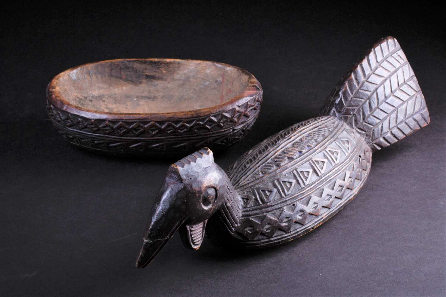 A Yoruba carved wood box in the form of a bird, Nigeria, with chip carved geometric band decoration, - Image 3 of 4