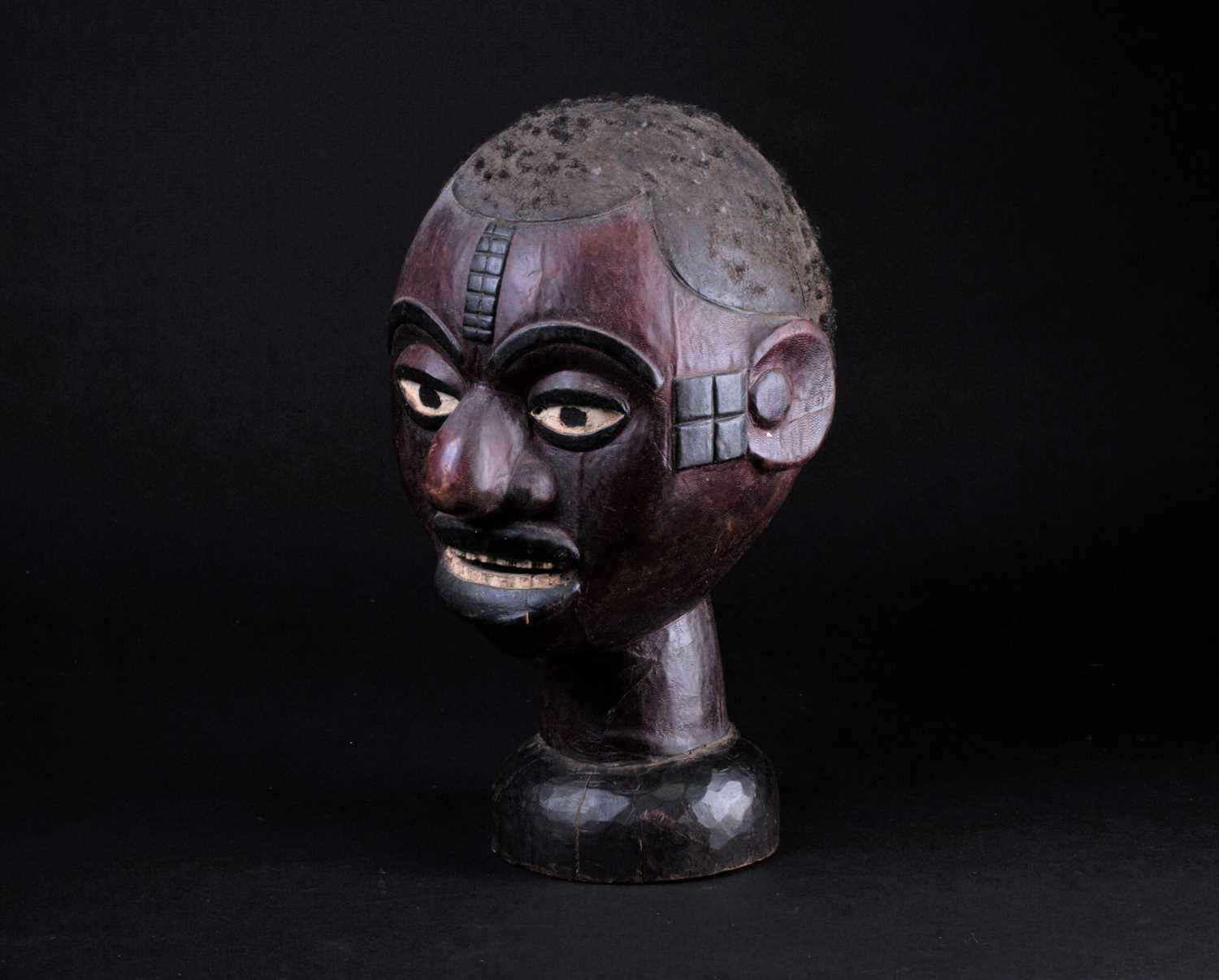 An Ejagham (Ekoi) leather bound carved wood headpiece, the head with applied hair, the maroon - Image 6 of 6