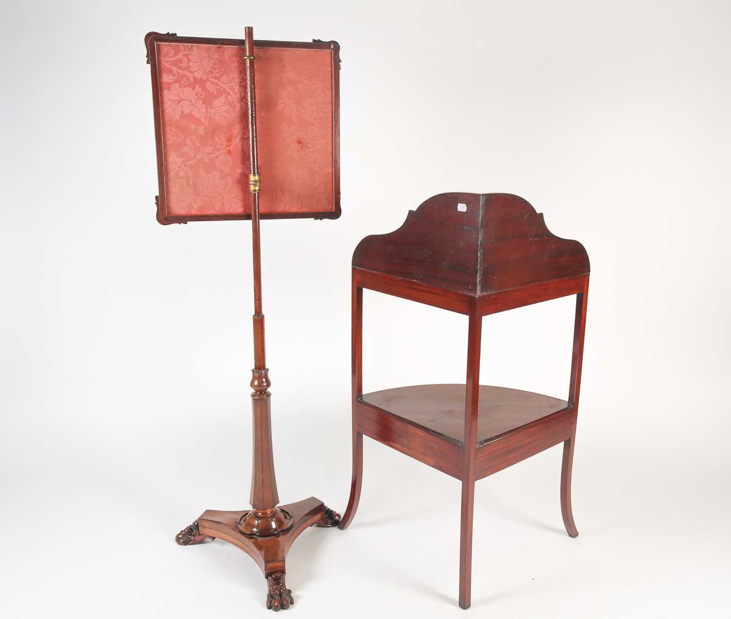 A Geo III mahogany two-tier corner washstand, with shaped upstand splashback a fitted single - Image 2 of 4