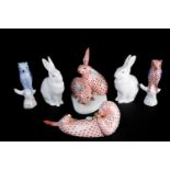 A group of six Herend porcelain animals, comprising a pair of rabbits (incised number 5332 to the