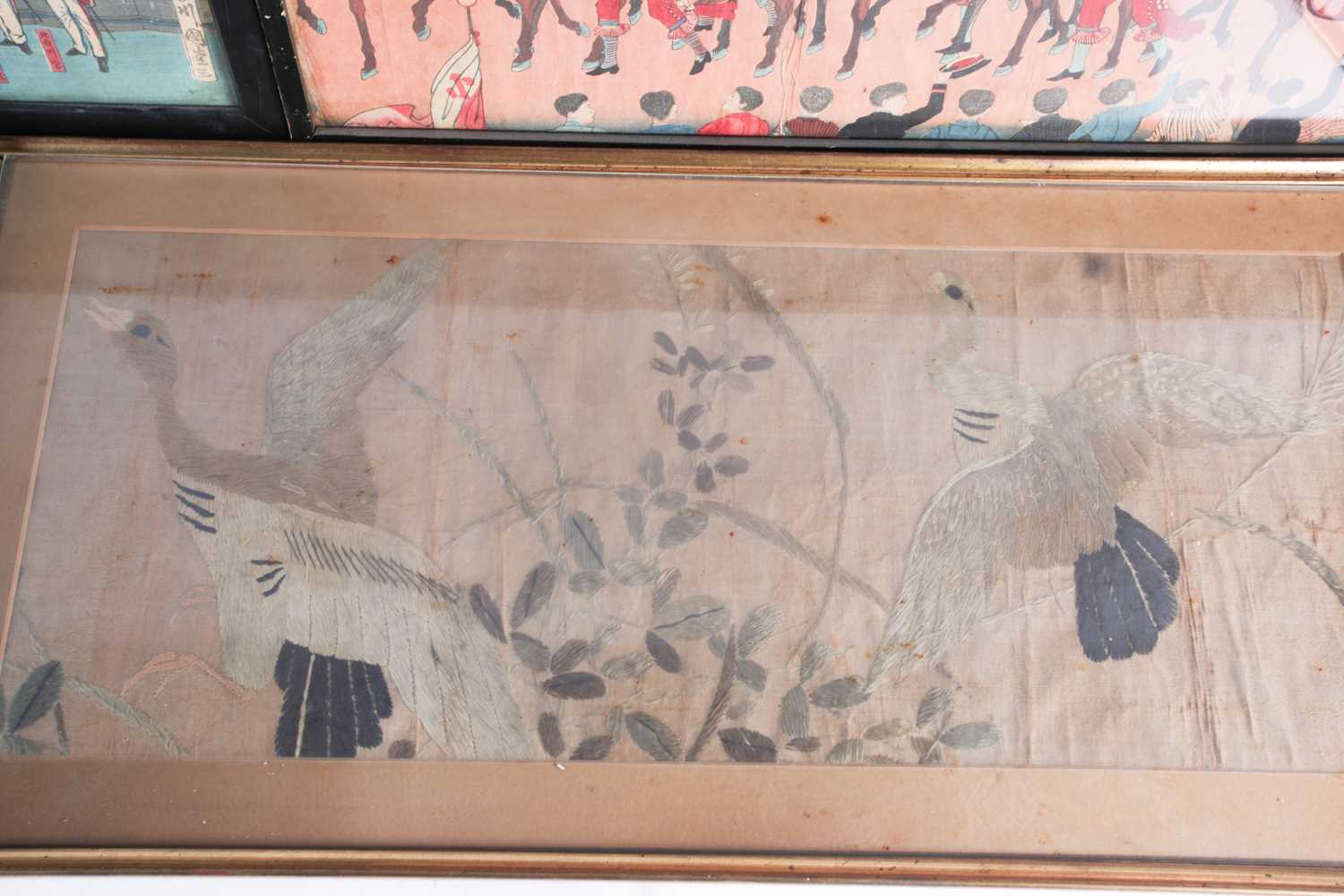 A Japanese triptych woodblock,print of the Meiji Emporer and Empress Shoken, leaving the imperial - Image 4 of 7