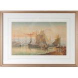 19th century school, boats in a harbour at sunset, indistinctly signed watercolour, 27 cm x 43.5 cm,