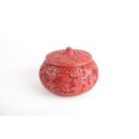 Early 20th c. Chinese carved red lacquer, globular, circular box & cover. carved in relief with