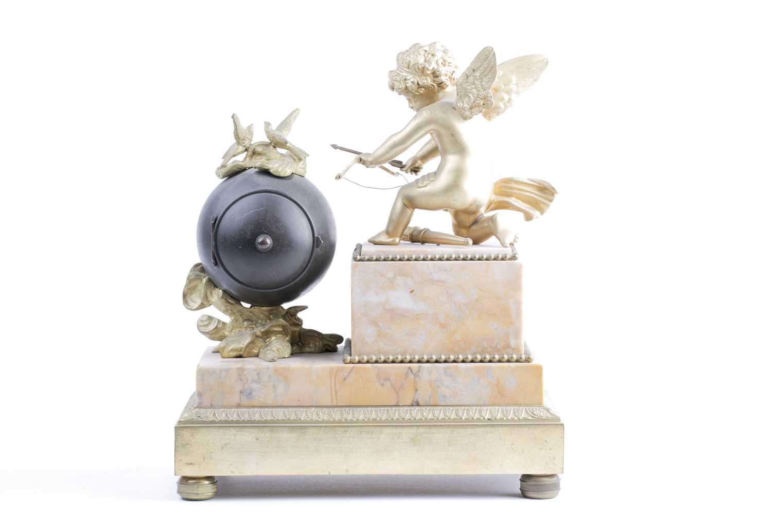 A late 19th century French marble and ormolu mounted mantle clock, mounted with a winged cupid - Image 6 of 9